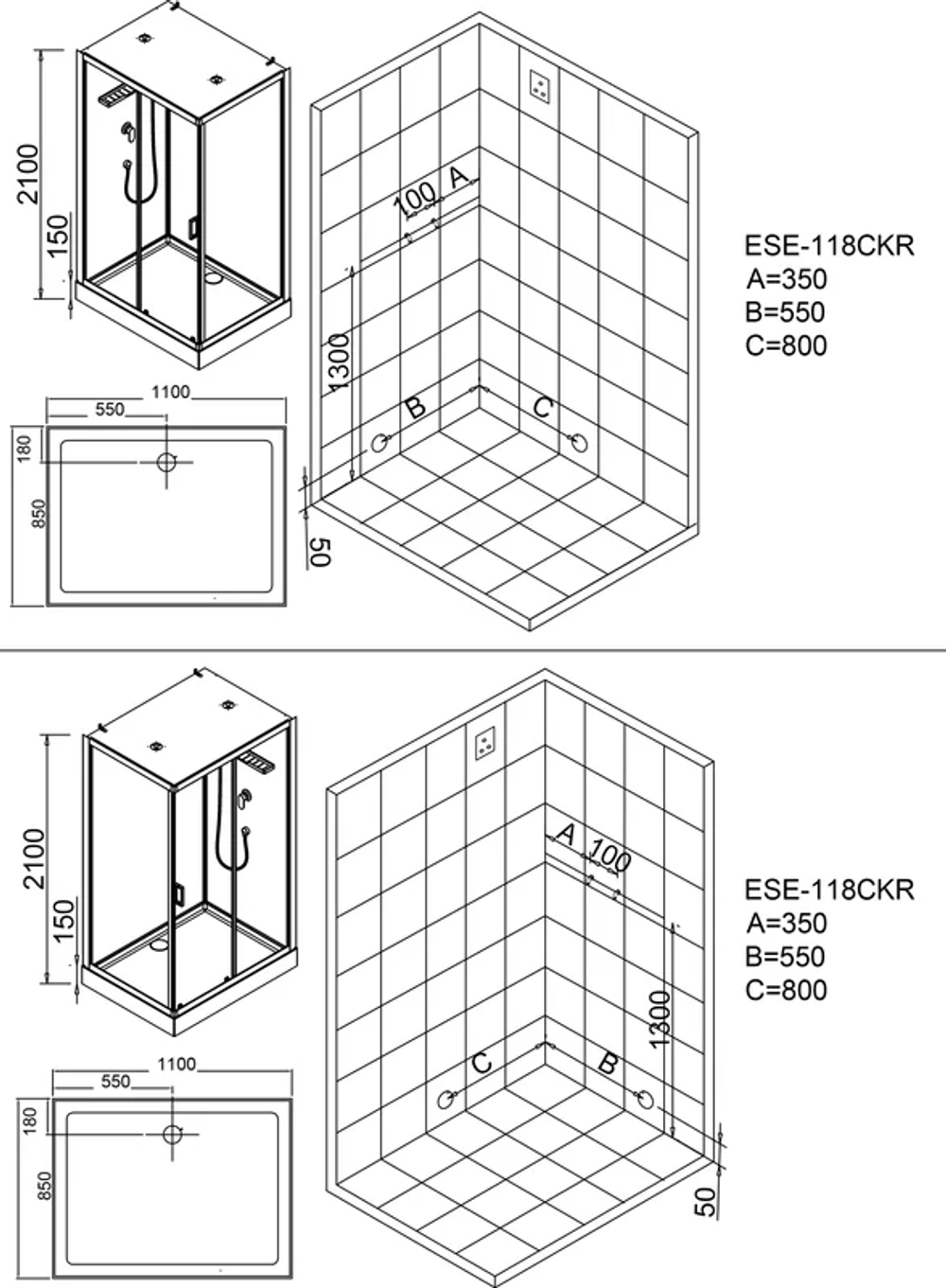 Душевая кабина Esbano (Эсбано) ESE-118CKR, с низким поддоном, 110х85х210