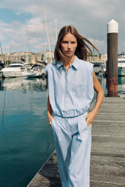 ZARA ТОП ИЗ ЛЬНА С ОБЪЕМНЫМИ ПЛЕЧАМИ, ГОЛУБОЙ