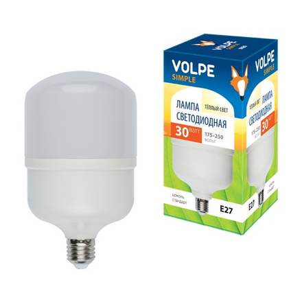 LED-M80-30W-WW-E27-FR-S Лампа светодиодная с матовым рассеивателем. Материал корпуса термопластик. Цвет свечения теплый белый. Серия Simple. Упаковка картон. ТМ Volpe