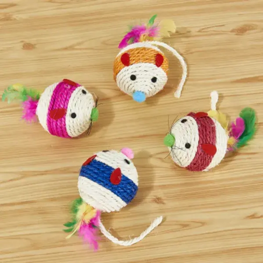 Игрушка - мышка для кошек «ЦЕПКИЕ ЛАПКИ», канатная с пёрышками, микс 4 цвета, 8*6см (пакет с хедером)