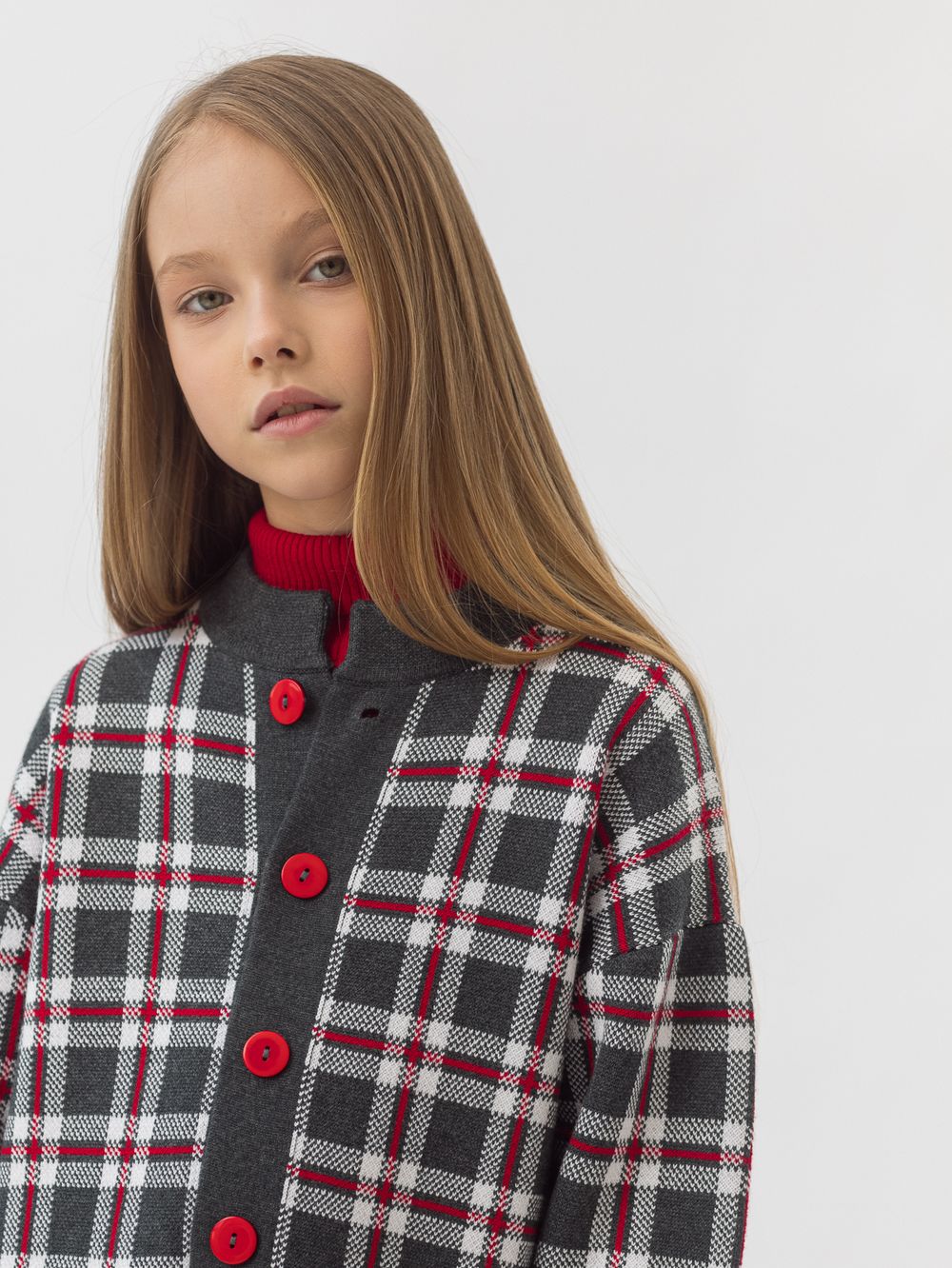 Кардиган серо-бело-красный для девочки арт. АТ922