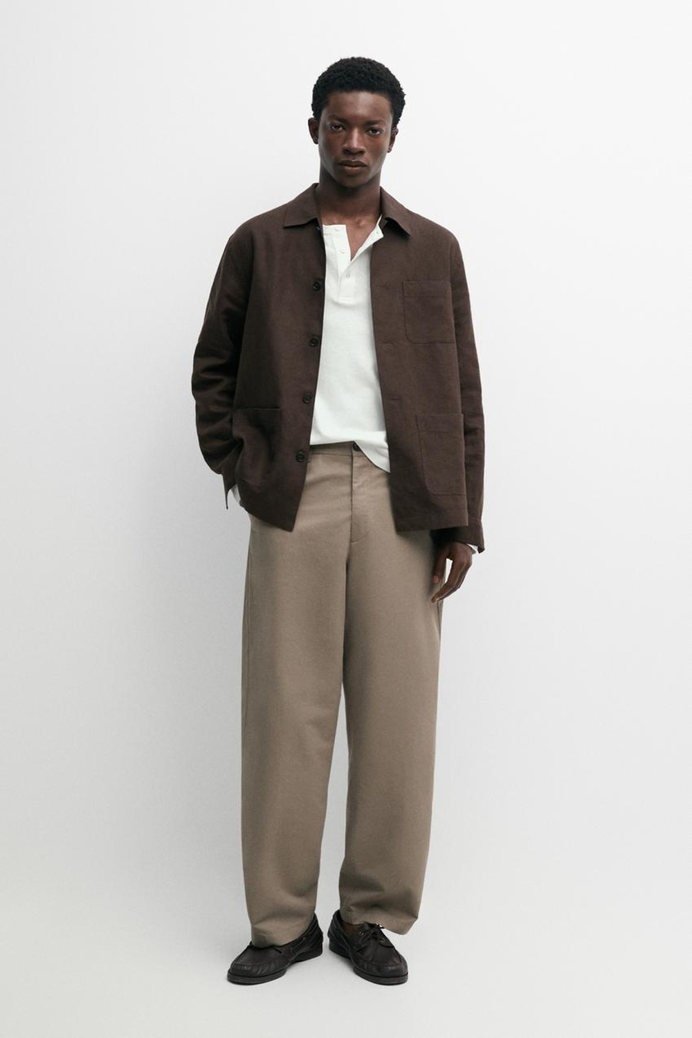 Massimo Dutti Брюки из поплина бочкообразного кроя из хлопка и льна, зеленый