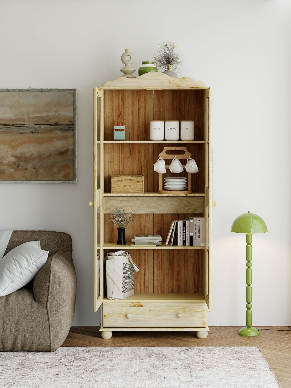 Шкаф витрина 77х32х186, Бритта, стеклянная, для посуды, в гостиную, двухдверный, лак, массив сосны, Dipriz