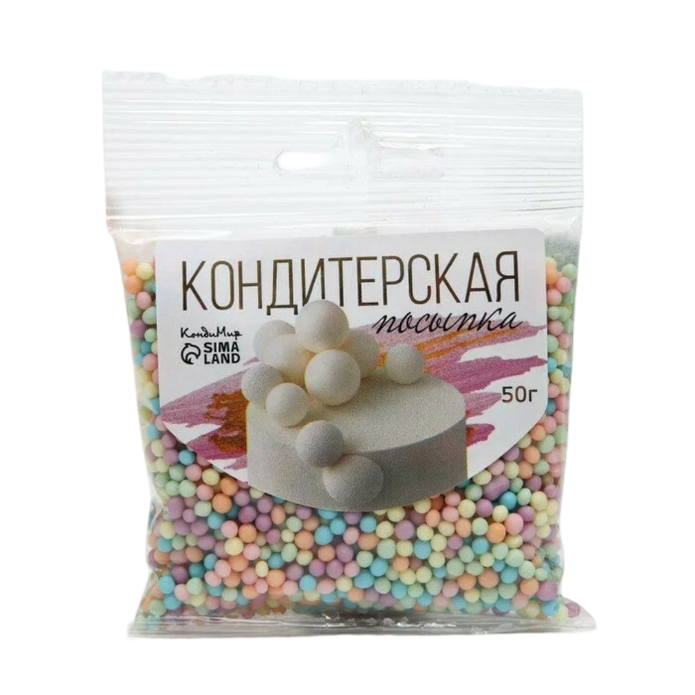 Посыпка кондитерская с мягким центром матовая "Бисер" оранж голуб сирен изумрудн розов, 50 г