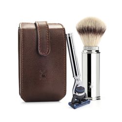 Дорожный бритвенный набор MUEHLE, чехол из натуральной коричневой кожи, дорожный помазок, дорожная бритва Fusion (RT 2 F)
