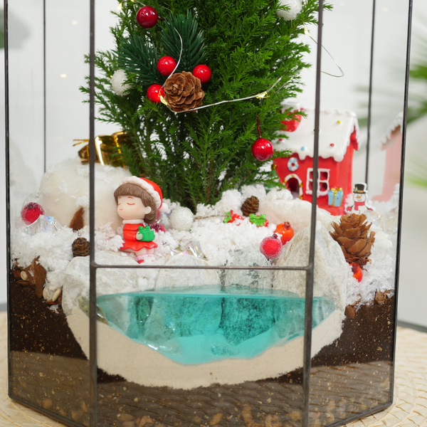 Готовый новогодний флорариум Бонсариум 35см с озером