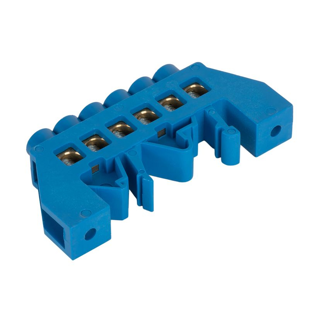 Шина нулевая 6 отверстий, латунь, корпус нейлоновый синий, 8х12 мм