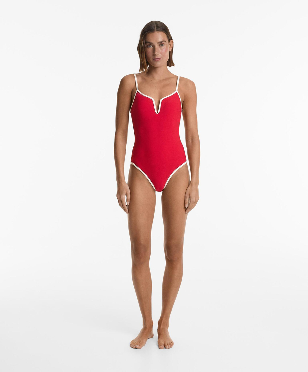 OYSHO Купальник-халтер с V-образным вырезом и контрастной отделкой, яркий красный