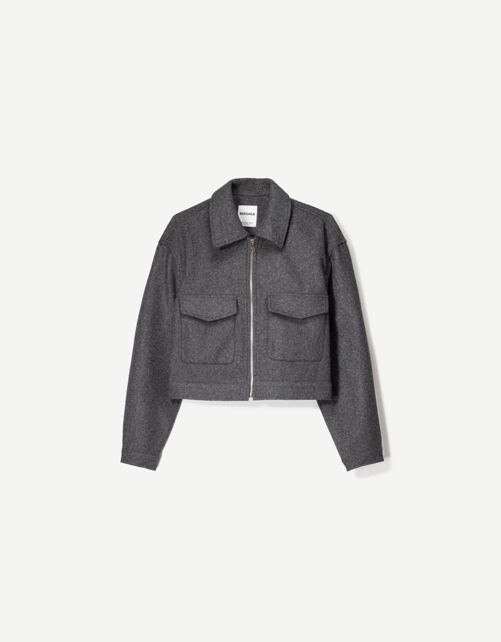 BERSHKA Мягкая укороченная куртка на молнии, темно-серый