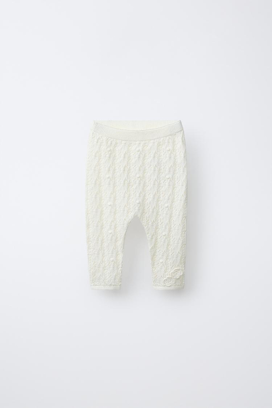 ZARA ТРИКОТАЖНЫЕ БРЮКИ С АЖУРНЫМ УЗОРОМ, ЭКРЮ