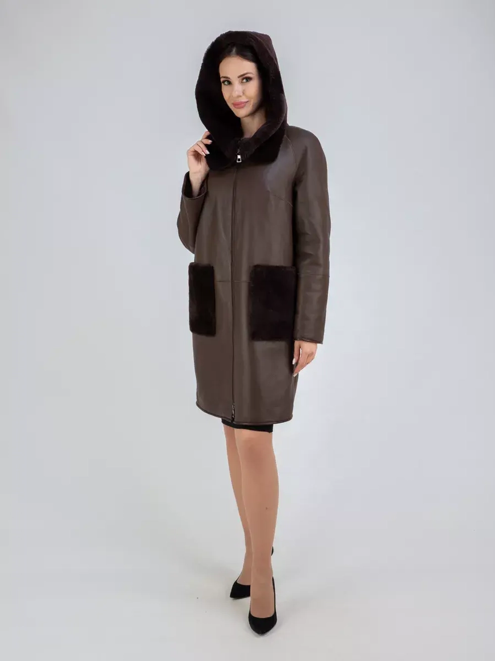 Дубленка натуральная с капюшоном длинная Турция