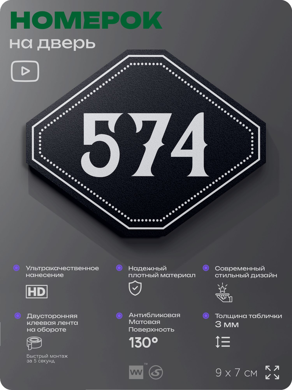 Номерок на дверь квартиры 574, для кабинета, офиса, шильдик 9 х 7 см, черный, Айдентика Технолоджи