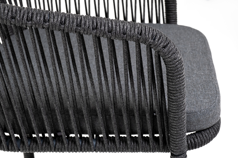 "Марсель" стул барный плетеный из роупа, каркас из стали темно-серый (RAL7024) муар, роуп темно-серый круглый, ткань темно-серая 027