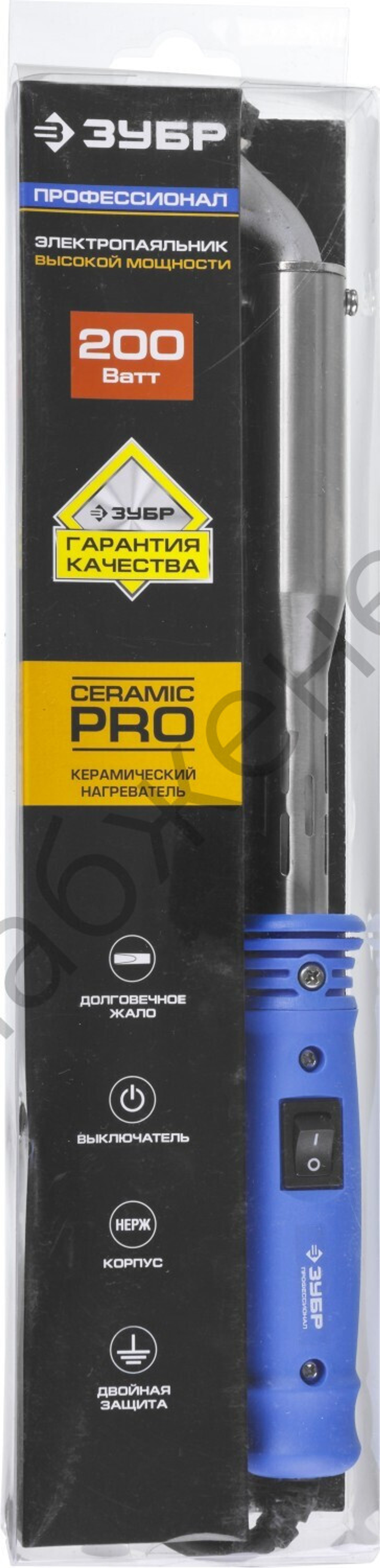 ЗУБР Ceramic PRO 200Вт клин, выключателем, Высокомощный электропаяльник с пластиковой рукояткой (55301-200)
