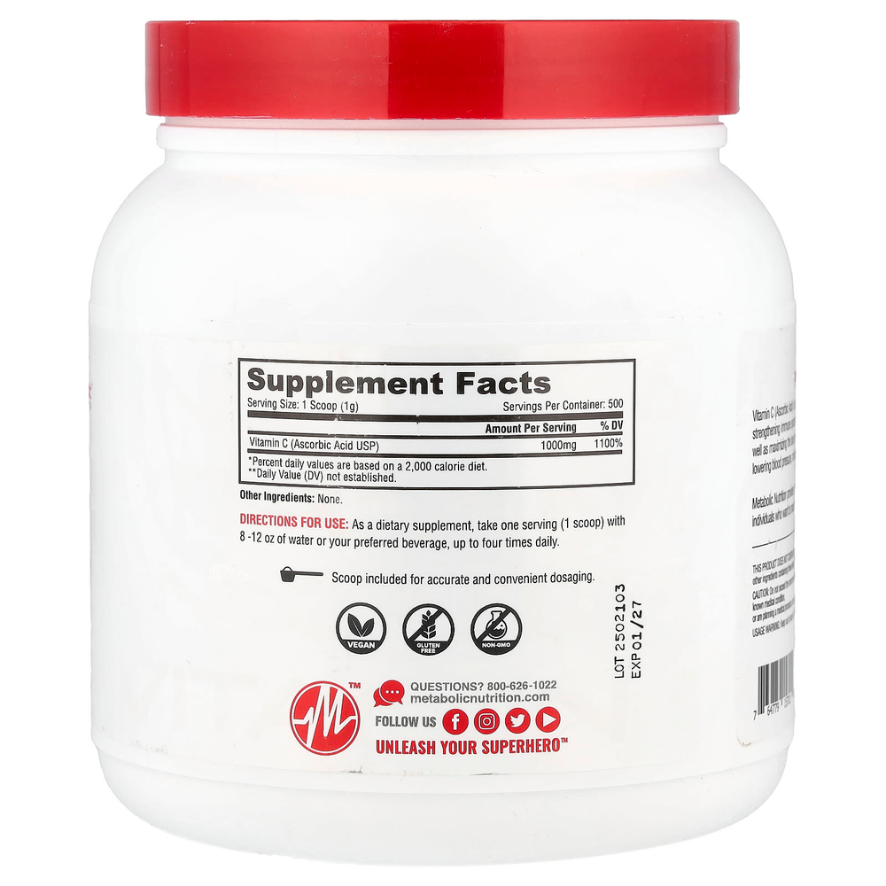 Metabolic Nutrition, Витамин C, без добавок, 500 г (17,64 унции)