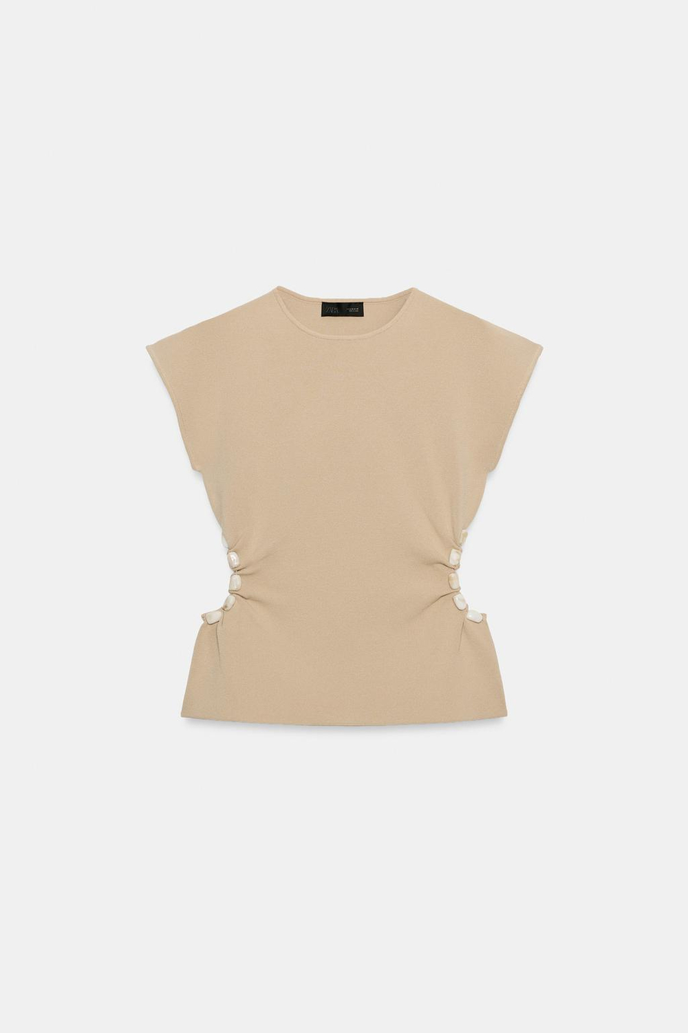 ZARA ТРИКОТАЖНЫЙ ТОП С ВЫРЕЗАМИ И БУСИНАМИ, ПУДРОВЫЙ
