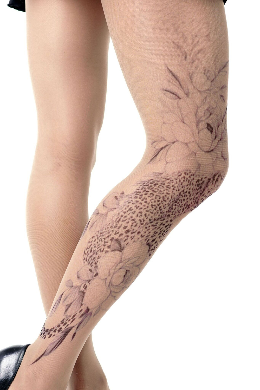 Колготки с принтом в виде леопарда в цветах (Размер: S-M-L) (Цвет: бежевый)