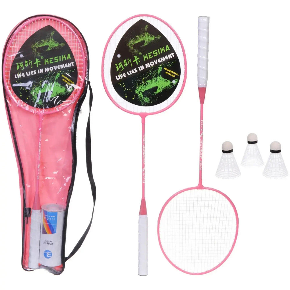 Бадминтон в наборе K-1134: 2 металлические ракетки 65 см,волан 3 шт, чехол (цвет: розовый)