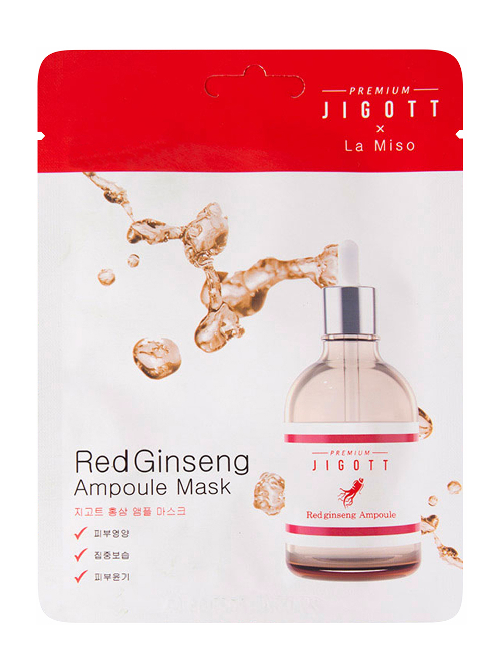 Premium Jigott & La Miso Маска для лица Red Ginseng, тканевая, ампульная, с красным женьшенем, 27 мл