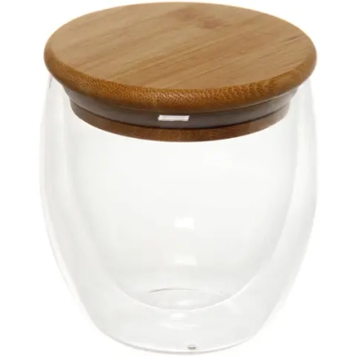 Стакан стеклянный с двойными стенками 250мл «Хай-Тек» с бамбуковой крышкой