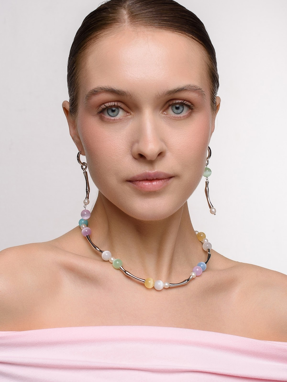 Серьги "Bubble violet-green" с селенитом Silver