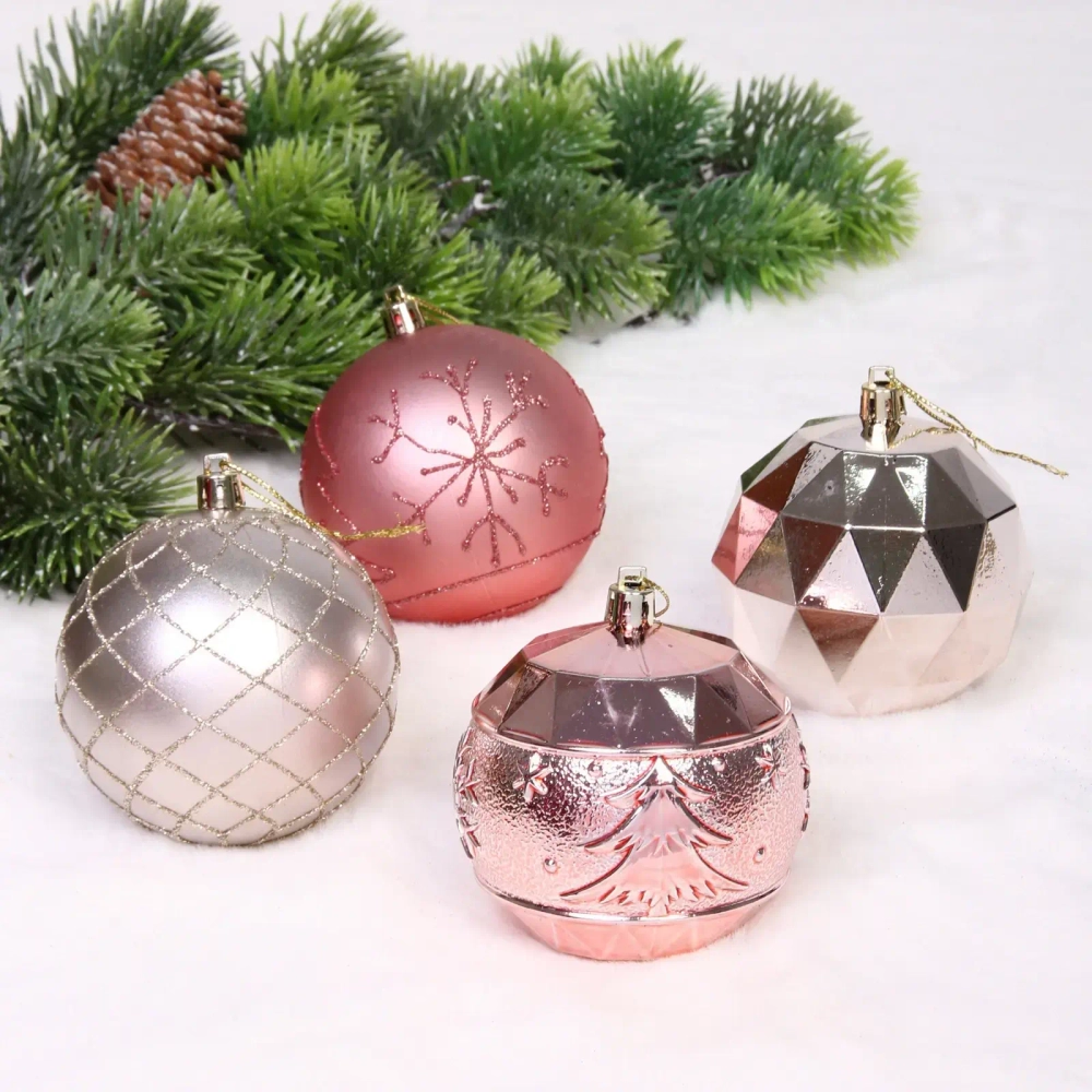 Новогодние шары «Волшебный вальс» 8 см (набор 12 шт), Розовое золото/Шампань