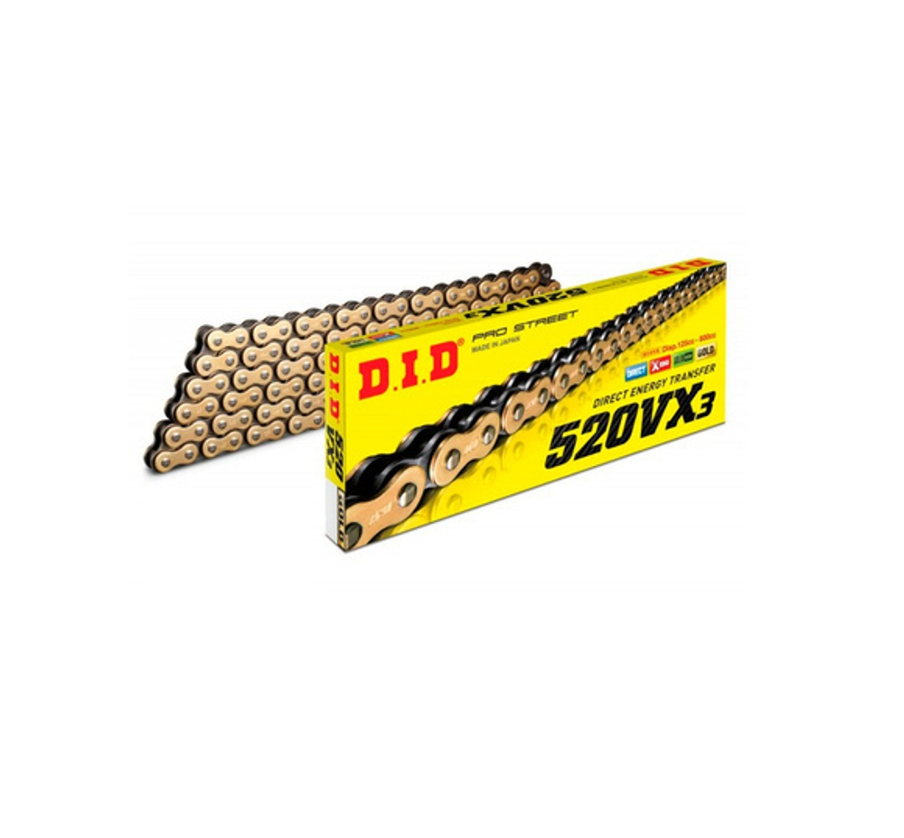 Приводная цепь сальниковая золотая DID VX3 520 ZB 118 звеньев O'Ring Chain Gold Series