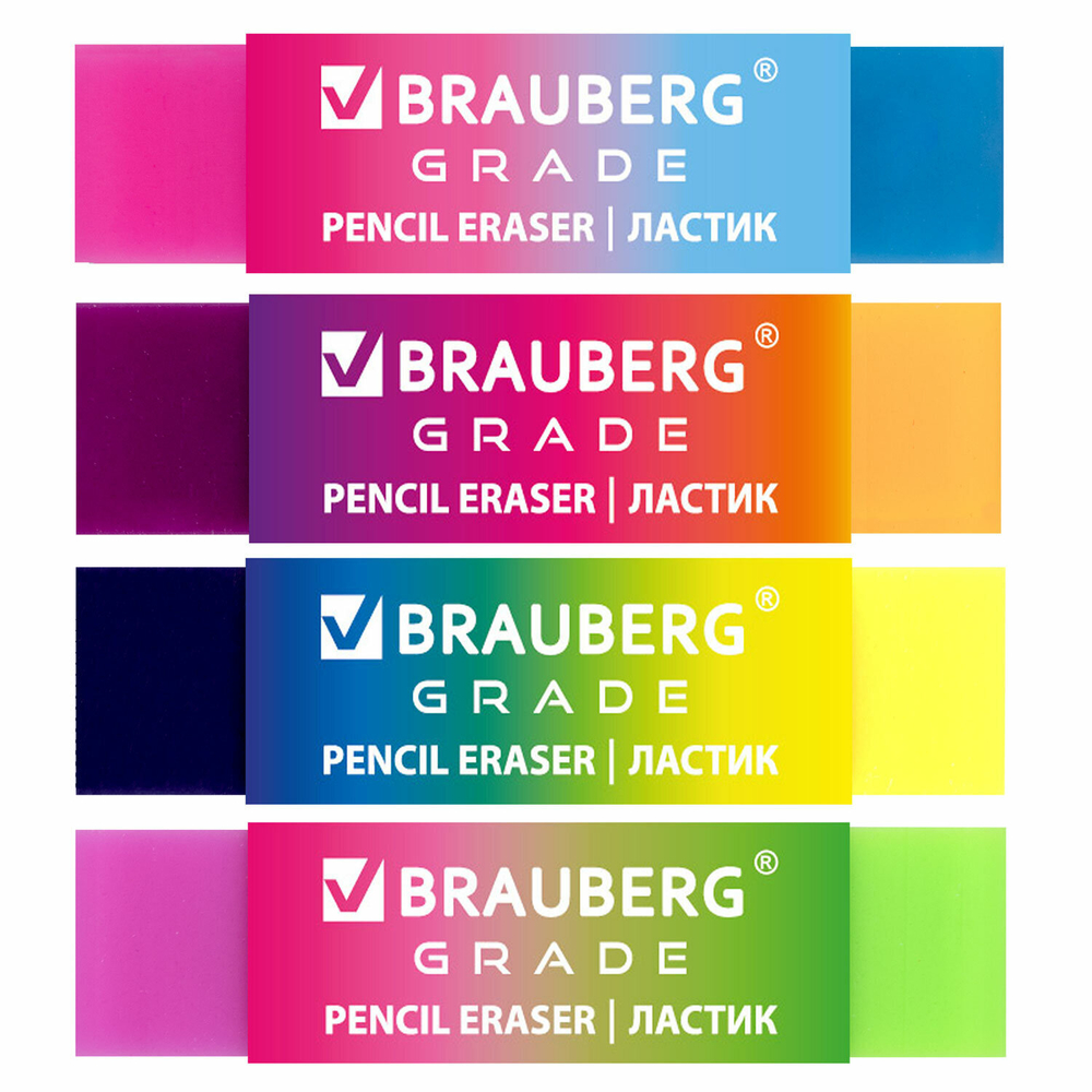 Ластик полупрозрачный BRAUBERG «Grade», 60×15×10 мм, картонный держатель, цвет ассорти, 36 штук в упаковки.