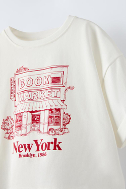 ZARA ФУТБОЛКА ИЗ ТКАНИ С ПРИНТОМ, БЕЛЫЙ/КРАСНЫЙ