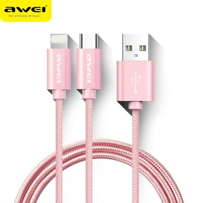 Кабель 2 в 1 lightning-3,5mm+Type-C Pink