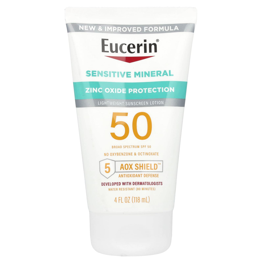 Eucerin, Sensitive Mineral, легкий солнцезащитный лосьон, SPF 50, без отдушек, 118 мл (4 жидк. унц.)
