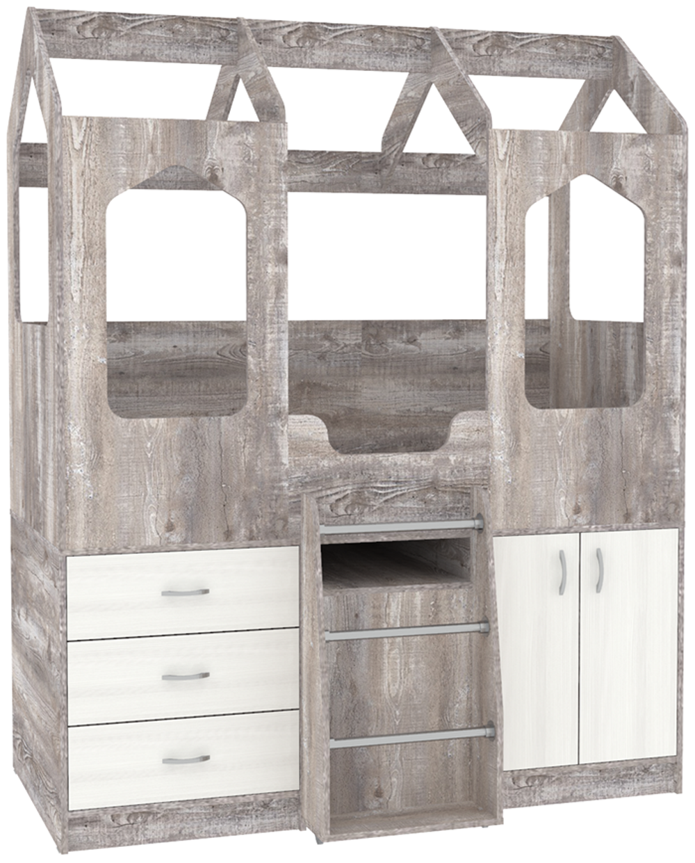 Кровать-чердак КарИВи Домик Сказка с выдвижным столом ДС-14 Бетон Белое Дерево