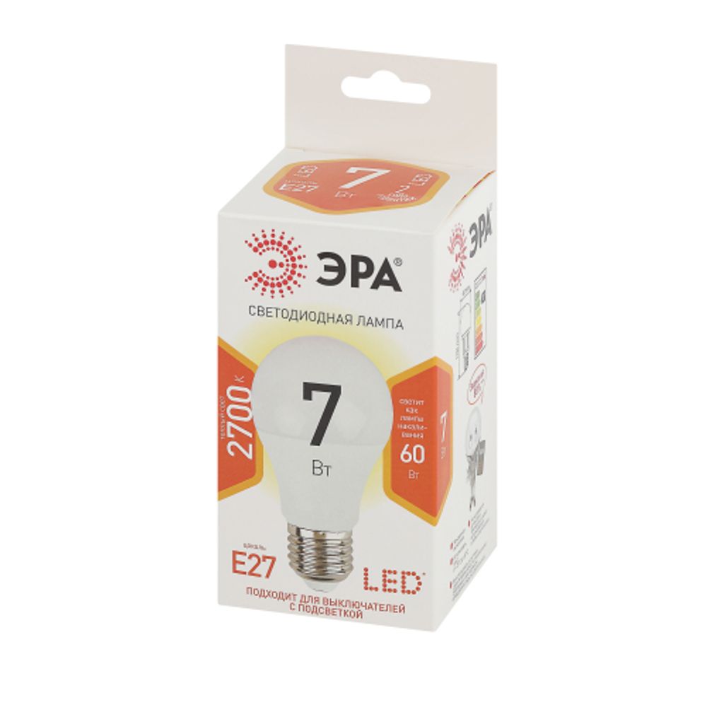 Лампочка светодиодная ЭРА STD LED A60-7W-827-E27 E27 / Е27 7Вт груша теплый белый свет | Лампы cветодиодные Груша (A)
