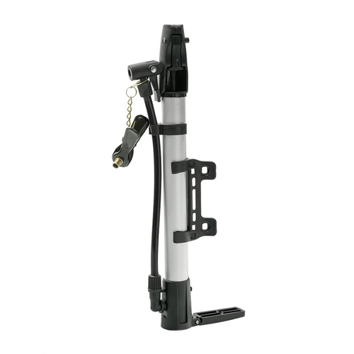 Насос алюминиевый с ножным упором 7 Бар/100PSI, диаметр 27мм, длина 330мм, универсальная головка на гибком шланге 20см, серебристый