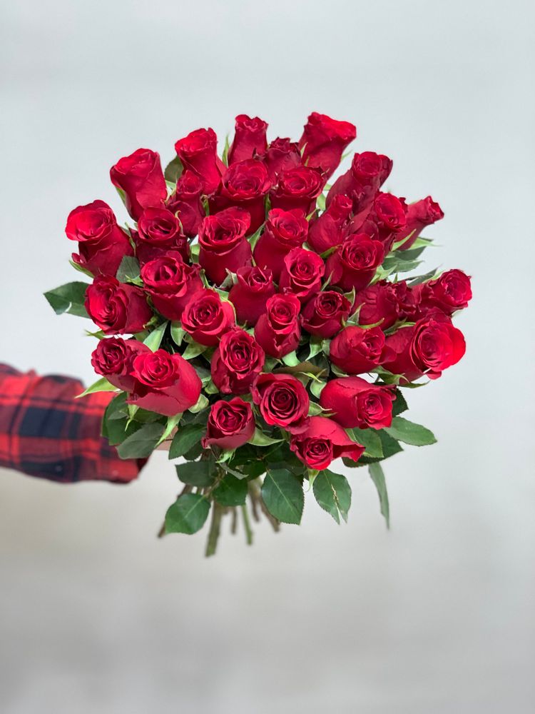 Букет 35 роз Кения 40 см в ленте красные