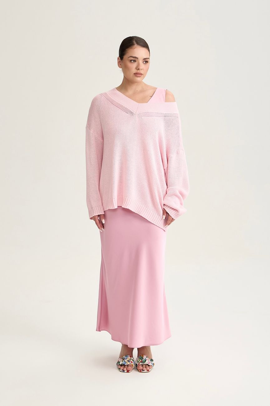 Джемпер вязаный на одно плечо, розовый