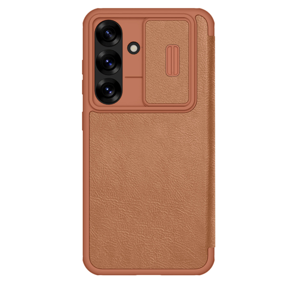 Кожаный чехол книжка коричневого цвета от Nillkin для смартфона Samsung Galaxy S25+, серия Qin Pro Leather с сдвижной защитной шторкой для камеры