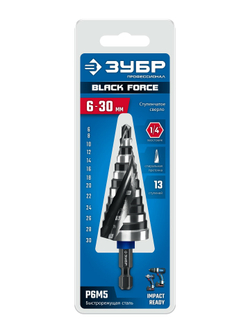 ЗУБР BLACK FORCE 6-30мм, 13 ступеней, винтовая проточка, сверло ступенчатое, ПРОФЕССИОНАЛ (29671-6-30-13)