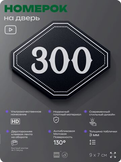 Номерок на дверь квартиры 300, для кабинета, офиса, шильдик 9 х 7 см, черный, Айдентика Технолоджи