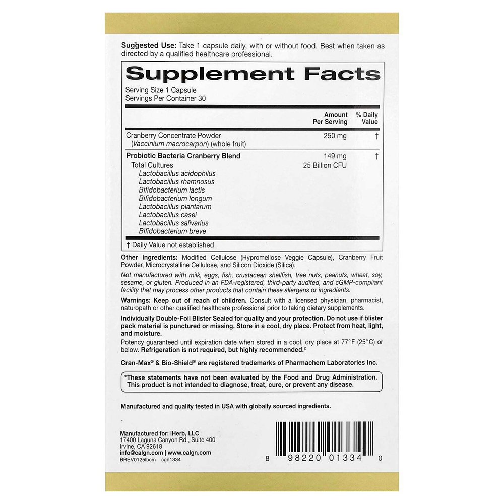 California Gold Nutrition, CranMax® LactoBif®, пробиотики, 25 млрд КОЕ, 30 растительных капсул
