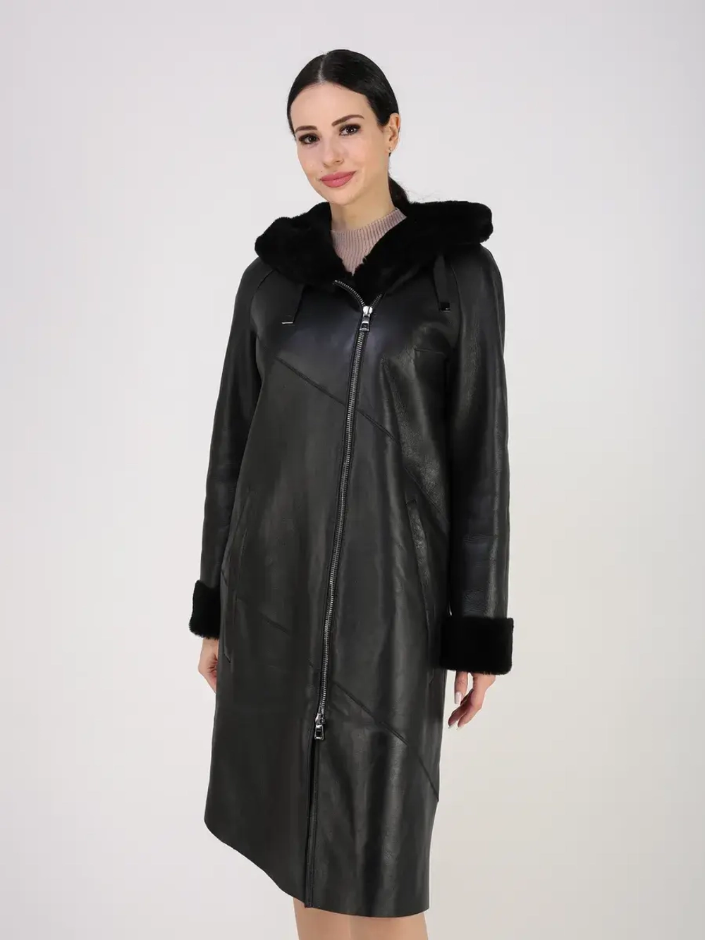 Дубленка зима натуральная удлиненная с капюшоном