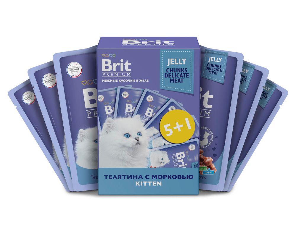 Набор паучей BRIT PREMIUM для котят телятина и морковь в желе 85г 5+1