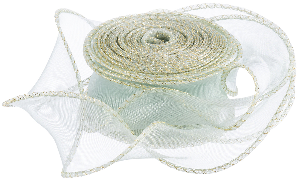 Лента декоративная (4 см*9,14 м) Органза с леской, Золотая кайма, Мятный, 1 шт., 6233854