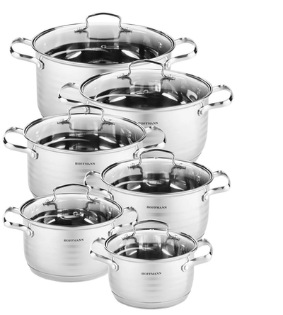 Набор посуды 12пр сталь 0,6мм кастрюли 7,3л 26см 5,8л 24см 4,5л 22см 4,1л 20см 3,1л 18см 2,1л 16см