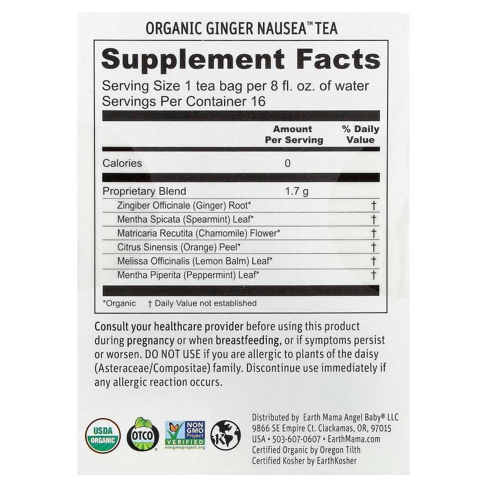 Earth Mama, Organics, органический чай Nausea™ с имбирем, успокаивающий мятный чай, без кофеина, 16 чайных пакетиков, 27,2 г (0,96 унции)