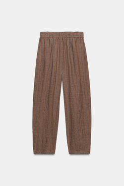 ZARA БРЮКИ В ПОЛОСКУ ИЗ 100% ЛЬНА, КОРИЧНЕВЫЙ