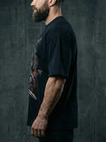 Футболка оверсайз хлопковая черная LEGENDA Весёлый Роджер (красный фон)