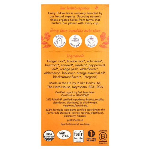 Pukka Herbs, Органический травяной чай, бузина и эхинацея, без кофеина, 20 пакетиков, 40 г (1,41 унции)