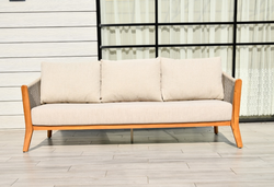 "Сидней" диван 3-местный плетеный из роупа, основание тик, каркас алюминий бежевый, роуп бежевый, ткань бежевая