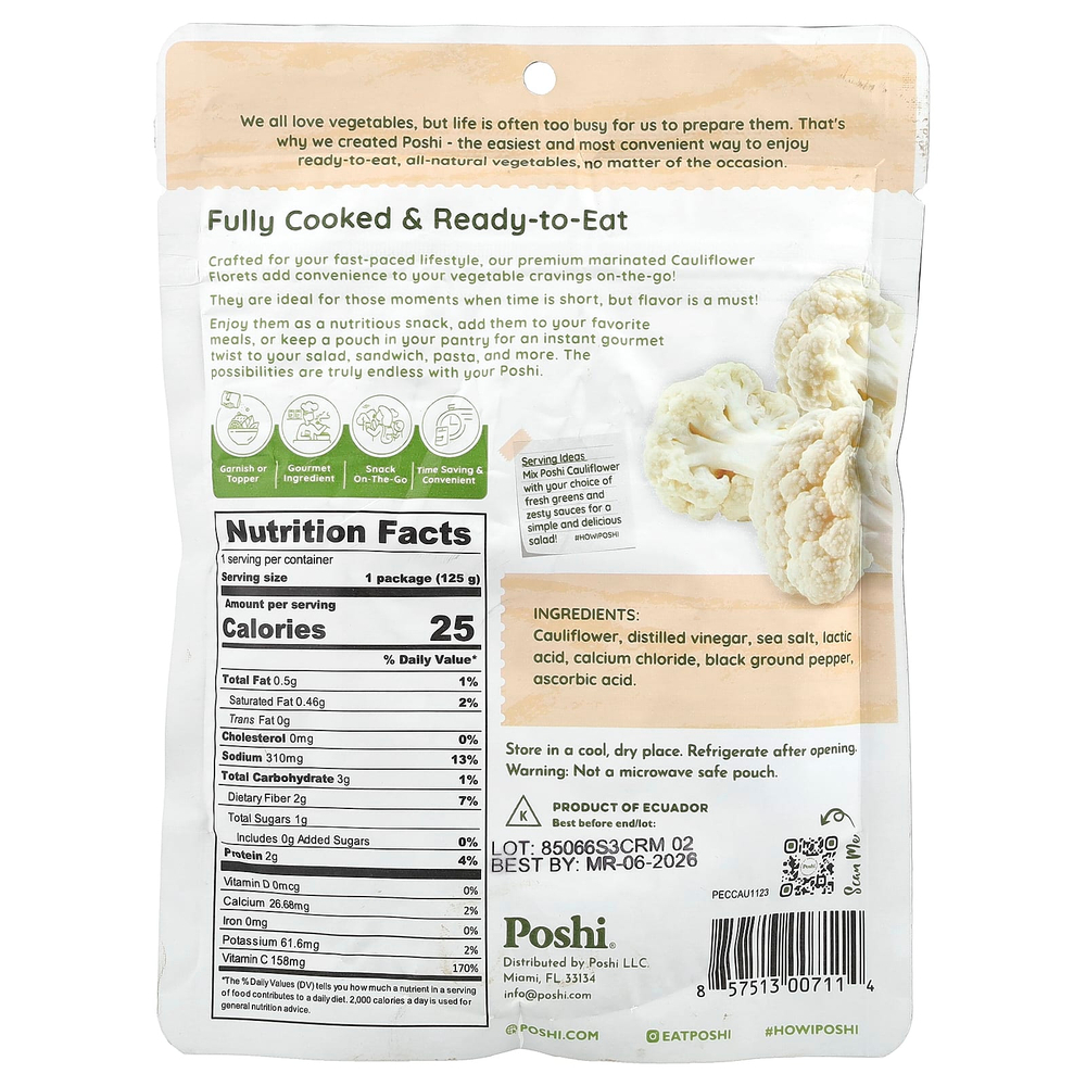 Poshi, Easy Chef, цветная капуста с солью и черным перцем, 125 г (4,4 унции)